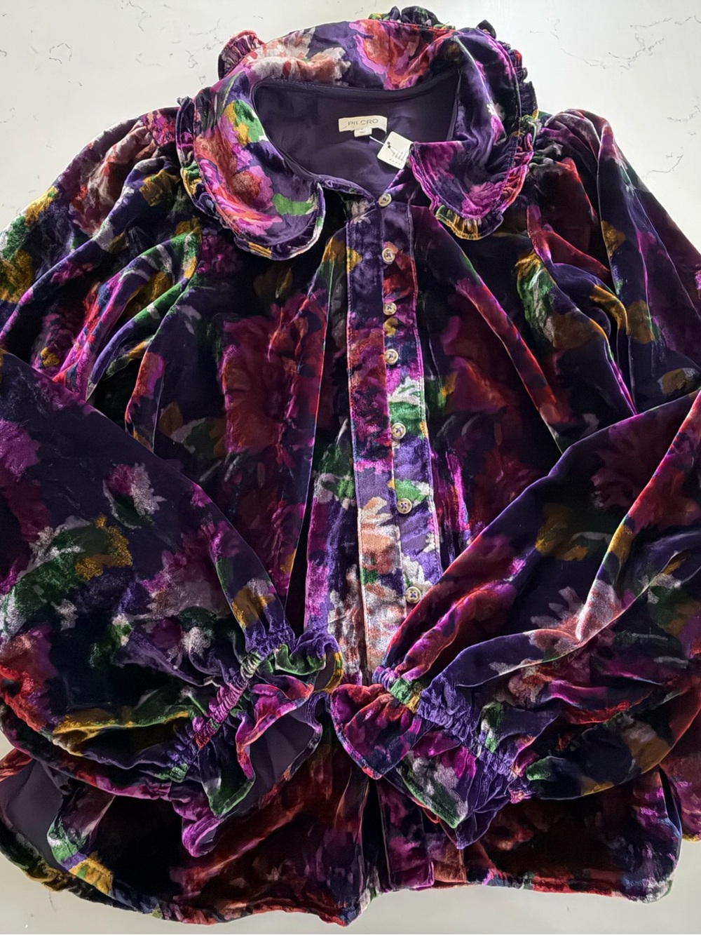 Pilcro Velvet Floral Ruffle-Collar Blouse — Purple Multi